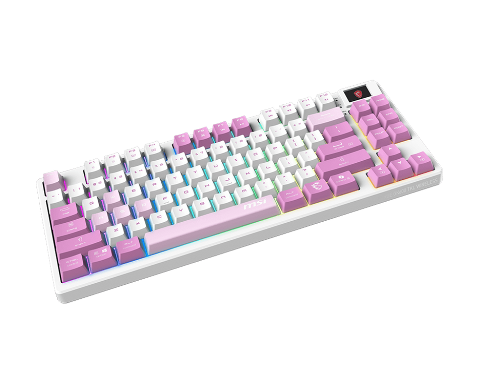 Teclado MSI FORGE GK600 TKL WIRELESS, Inalambrico, USB/Bluetooth, Mecanico, LED RGB, Ingles, Violeta/Rosa