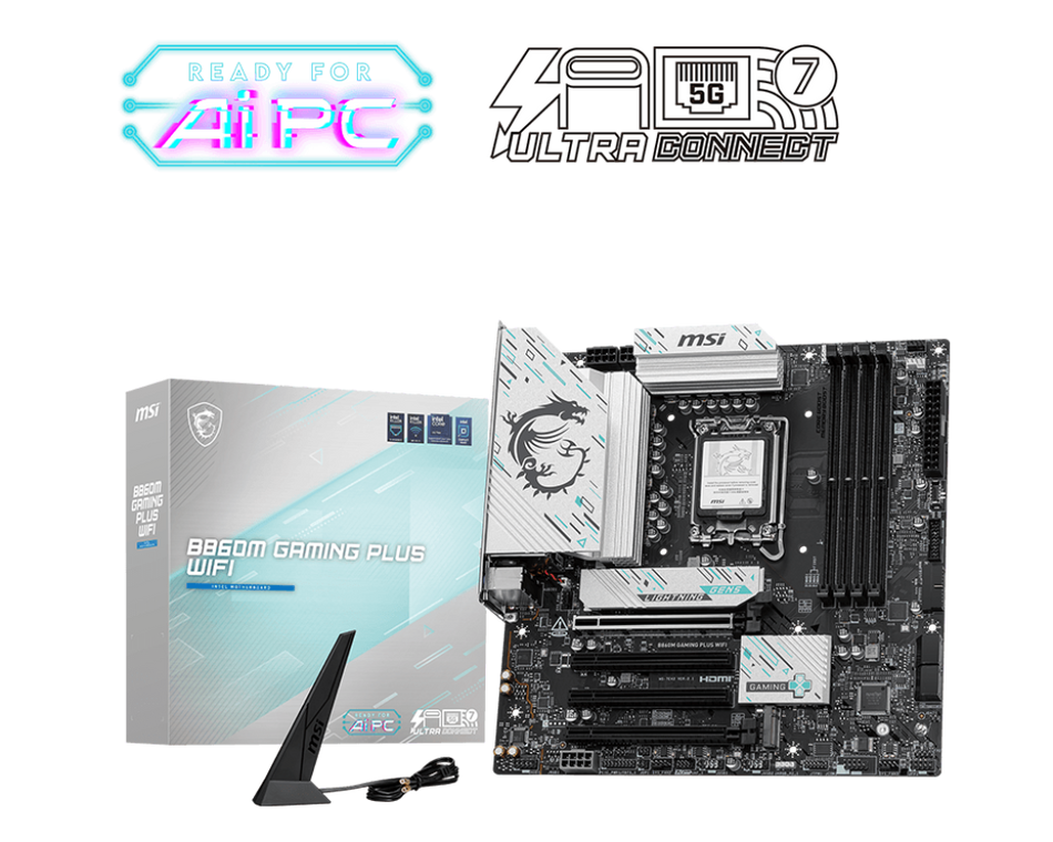 Tarjeta Madre MSI B860M GAMING PLUS WIFI, LGA 1851, 4 DDR5-SDRAM, Micro ATX, Wifi, 256GB