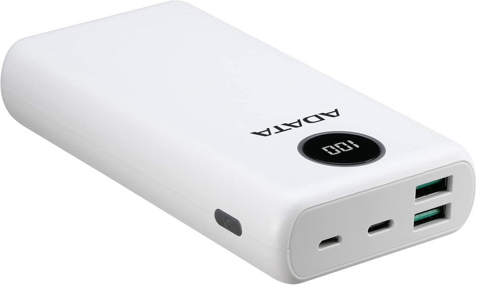 Power Bank Adata P20000QCD, Capacidad 20,000 mAh, 1xUSB-C, 2xUSB 2.0, 3 dispositivos, color blanco
