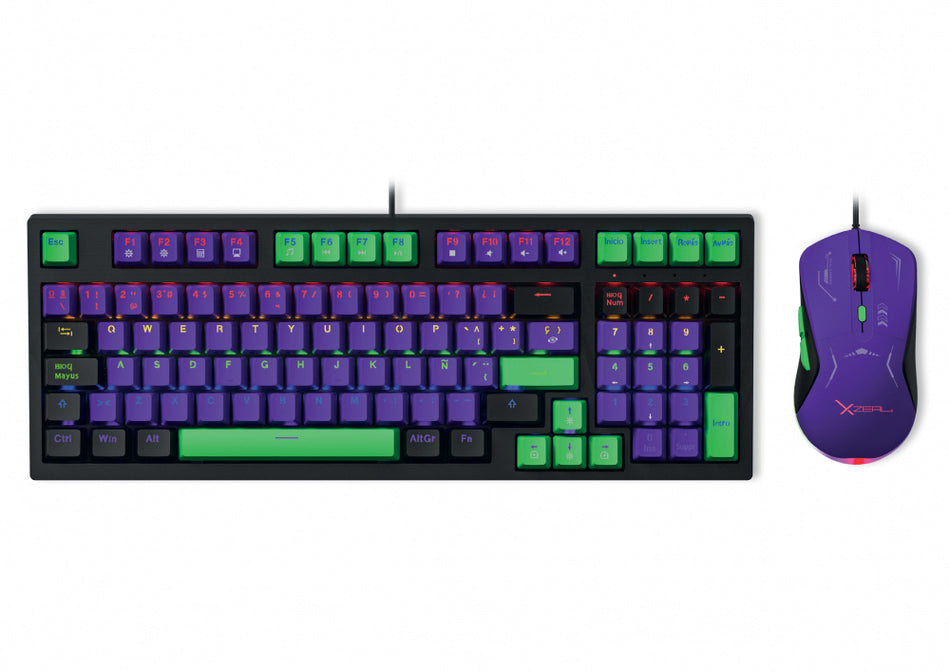 Kit Teclado y Mouse Gamer XZEAL XZ-201, USB, Mecanico, Alambrico, 7200DPI, RGB, Negro/Purpura/Verde