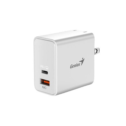 Cargador Genius 65W, 1x USB tipo-C, 1x USB-A, Blanco