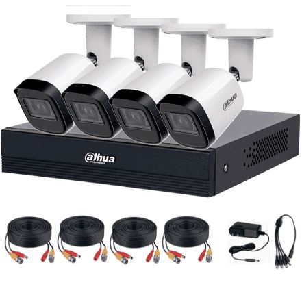 Kit de Vigilancia Dahua CCTV, DVR 4 Canales 2MP, 4 Camaras Bala, WizSense con IA, Audio Bidireccional