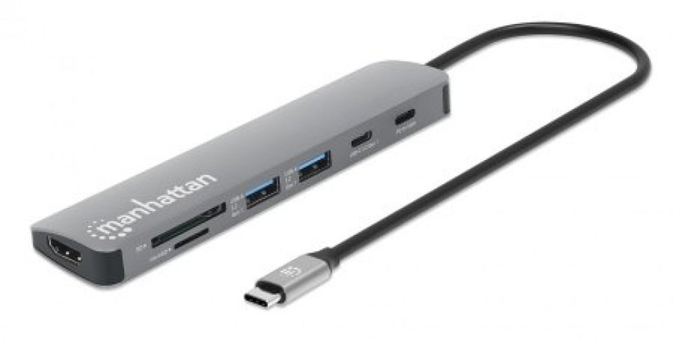 Docking Station Manhattan, 7 Puertos, Interfaz USB-C, HDMI, 2x USB-A, USB-C, Micro SD, SD, PD USB-C (100W), Gris