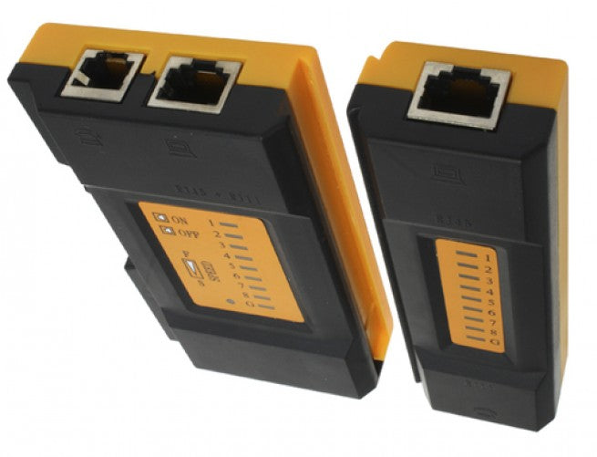 Probador De Cable De Red RJ45 y RJ11 Xcase con indicador LED baterias AAA incluidas color Negro/Amarillo