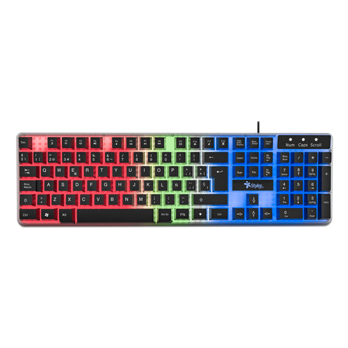 Teclado Alambrico Stylos, Retroiluminado 3 colores, Multimedia, transparente
