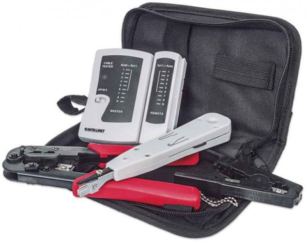 kit Intellinet de 4 herramientas para red, Probador de cable, Ponchadora, Pinza Crimpadora y Pelador de cable