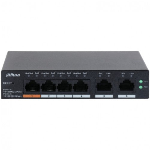Switch Dahua PoE 6 Puertos Administrable, 4 Puertos PoE 10/100, 2x Puertos Uplink 10/100/1000, 60 Watts