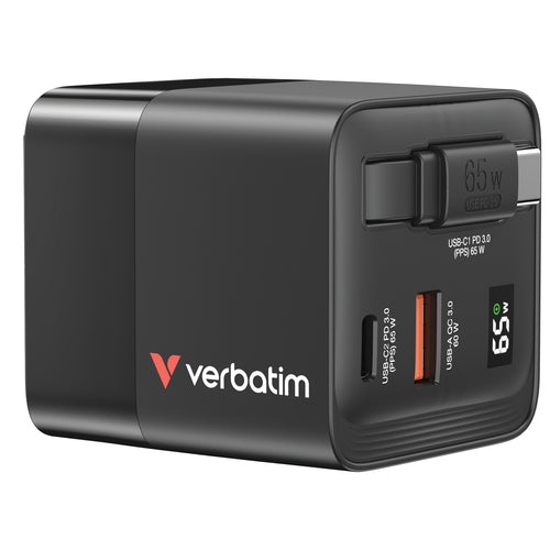 Cargador Verbatim, 65W, 2x USB-C, 1x USB-A, Carga rapida, 100v-240v, Negro