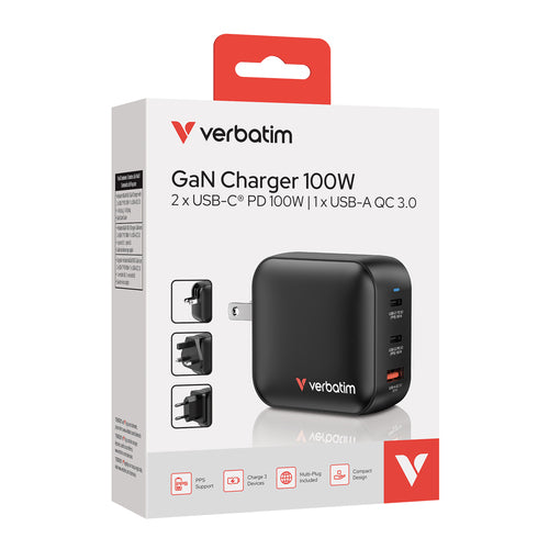 Cargador Verbatim, 2x USB-C 70W, 1x USB-A 30W, Carga rapida, Negro