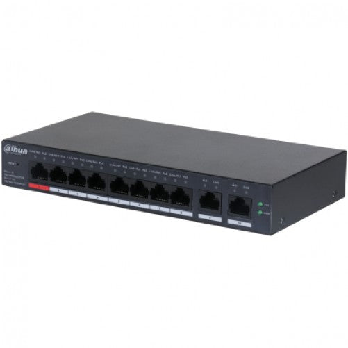 Switch Dahua 10 puertos fast Ethernet, 8 Puertos PoE 10/100/1000 + 2 Puertos Uplink, 110W, 5.6Gbits
