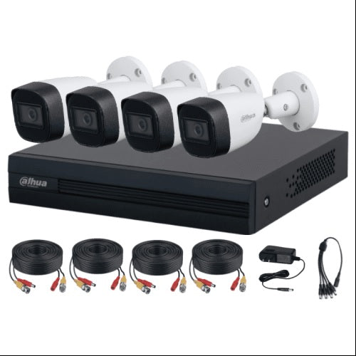 Kit de Vigilancia Dahua CCTV, DVR 4 Canales, 4 Camaras Bala, 1MP, IP67, Con accesorios