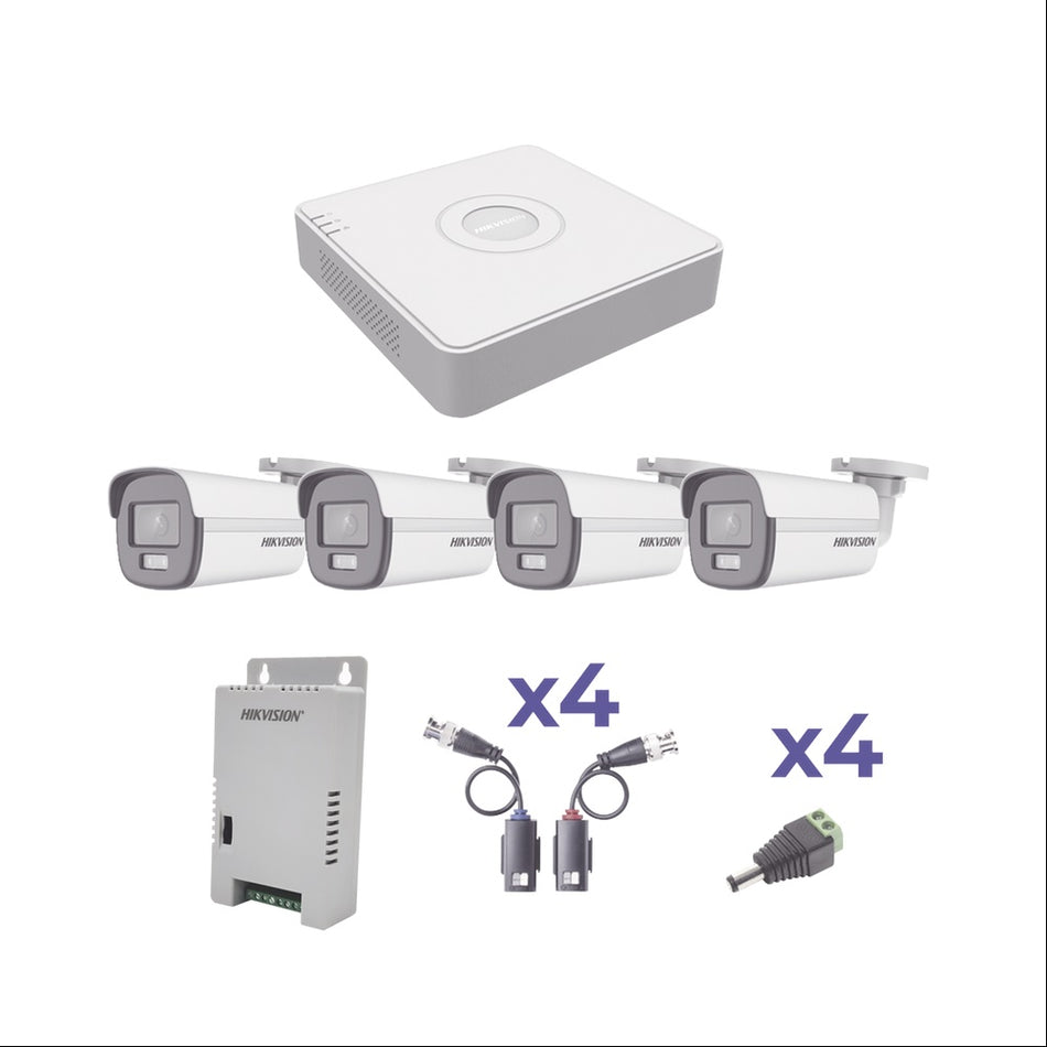 Kit de Vigilancia Hikvision CCTV, DVR 4 Canales, 4 Camaras ColorVu, 2MP, IP67, Con accesorios