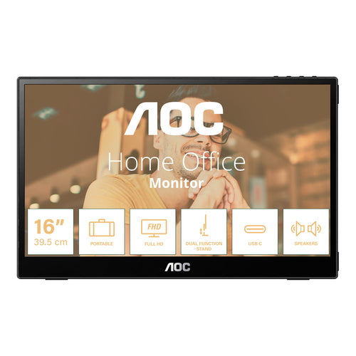 Monitor portatil AOC 16T3E, 15.6", Full HD, 4 ms, 60 Hz, bocinas, Negro