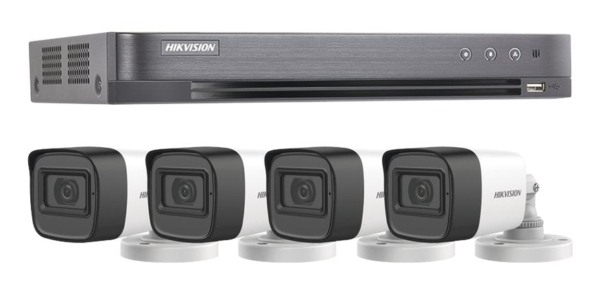 Kit de Vigilancia Hikvision CCTV, DVR 4 Canales, 4 Camaras con microfono, 5MP, IP67, Con accesorios