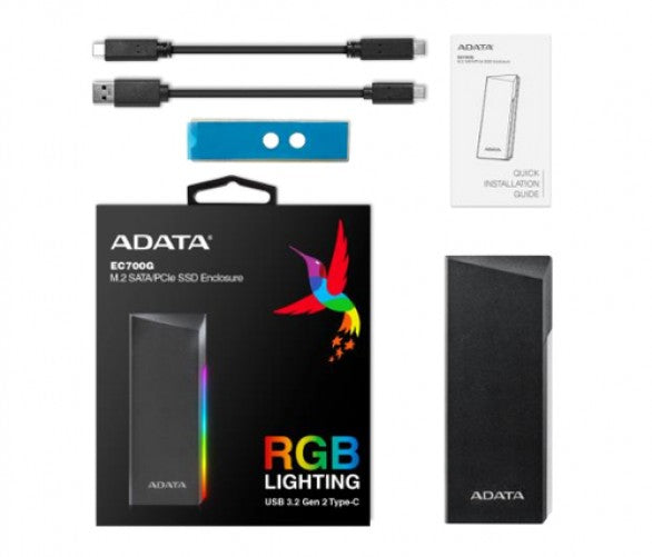 Enclosure ADATA EC700G RGB para M.2, SATA/PCIe SSD, USB 3.2 GEN 2 Tipo-C, Negro (mas piezas UPC 4711085932150)