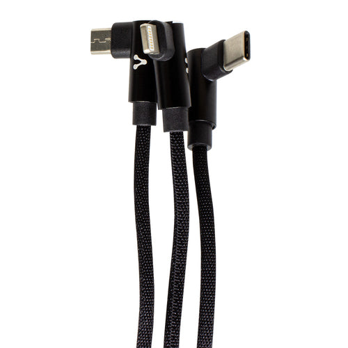 Cable USB Vorago CAB-308 3 en uno, micro USB, Tipo C y Lightning, negro 1.2 M, conectores en 90 grados,