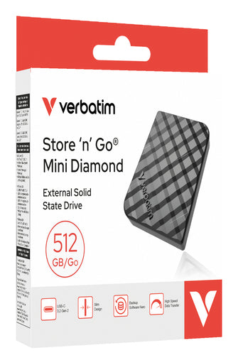 SSD Externo Verbatim Mini DIamond, 512GB, USB-C 3.2, 1000 MB/s, 1000 MB/s, Negro