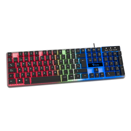 Teclado Alambrico Stylos, Retroiluminado 3 colores, Multimedia, transparente