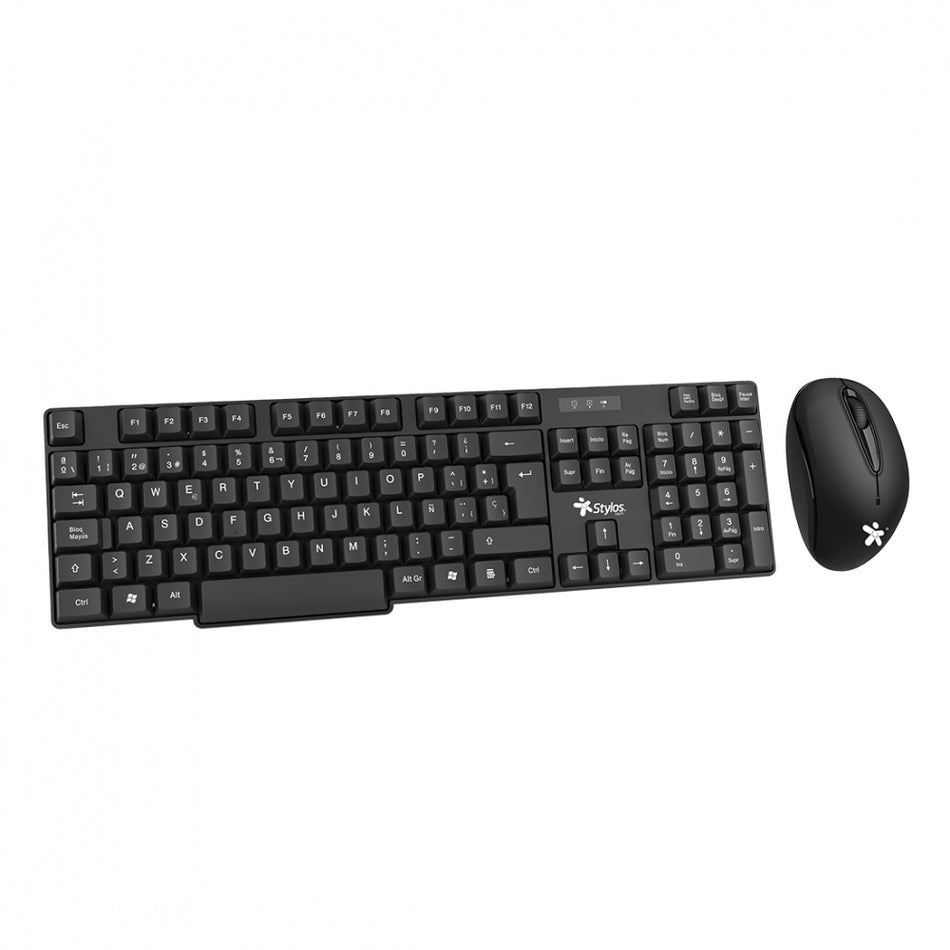 Kit Teclado Y mouse Inalambrico Stylos, 105 Teclas, USB, Optico, Espanol, Negro