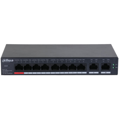 Switch Dahua 10 puertos fast Ethernet, 8 Puertos PoE 10/100/1000 + 2 Puertos Uplink, 110W, 5.6Gbits