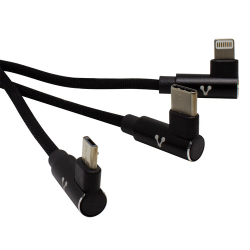 Cable USB Vorago CAB-308 3 en uno, micro USB, Tipo C y Lightning, negro 1.2 M, conectores en 90 grados,