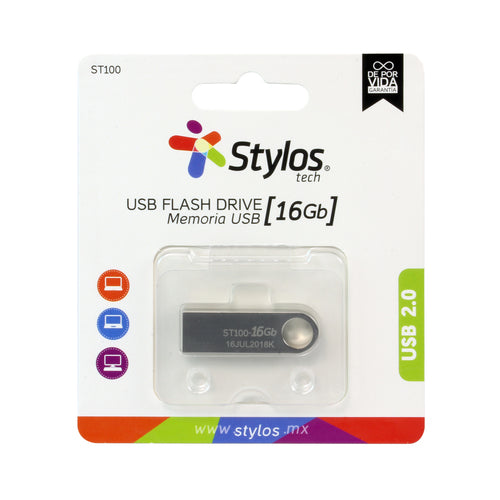 Memoria USB Stylos Tech, 16GB, USB 2.0, Metalica, Plata