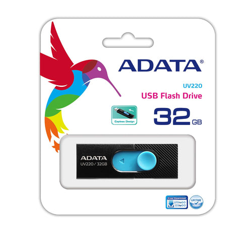 Memoria USB Adata AUV220, 32GB, Color Negro-Azul, Retractil