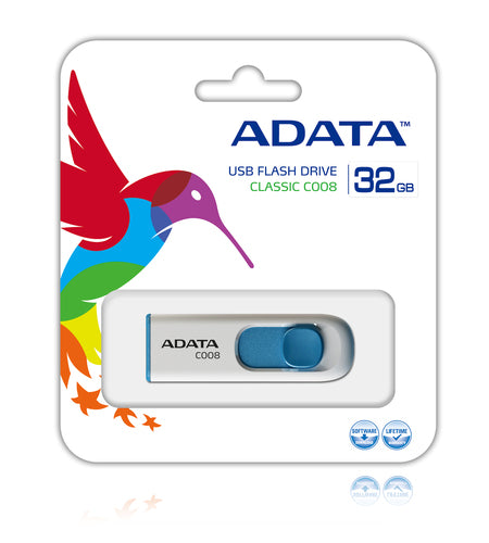 Memoria usb ADATA 32GB C008, 32GB, 2.0, Blanco/Azul