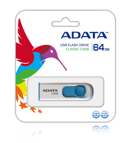 Memoria Usb Adata 64GB C008, deslizable, Blanco con Azul