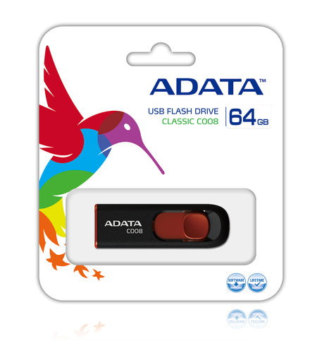Memoria usb ADATA C008 64GB 64GB, 2.0, Factor de forma Deslizar, Color Negro/Rojo