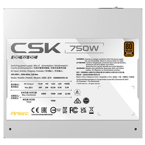 Fuente De Poder Antec CSK750 DC, 750W , 80 Bronze, DC to DC , Blanco