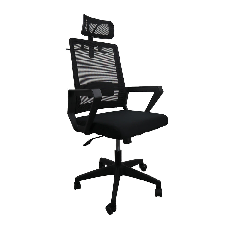 Silla gerencial MODAMOB IRIS, respaldo y cabecera de malla, piston de altura, reposabrazos, soporte espalda