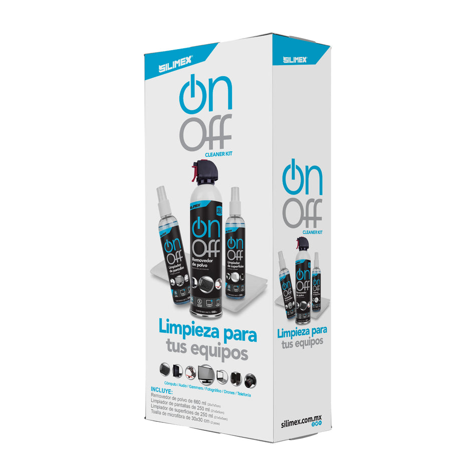 KIT LIMPIEZA ON-OFF SILIMEX, Aire 660ml Locion superficies 250ml, Limpia Pantallas 250ml y 2 Microfibras