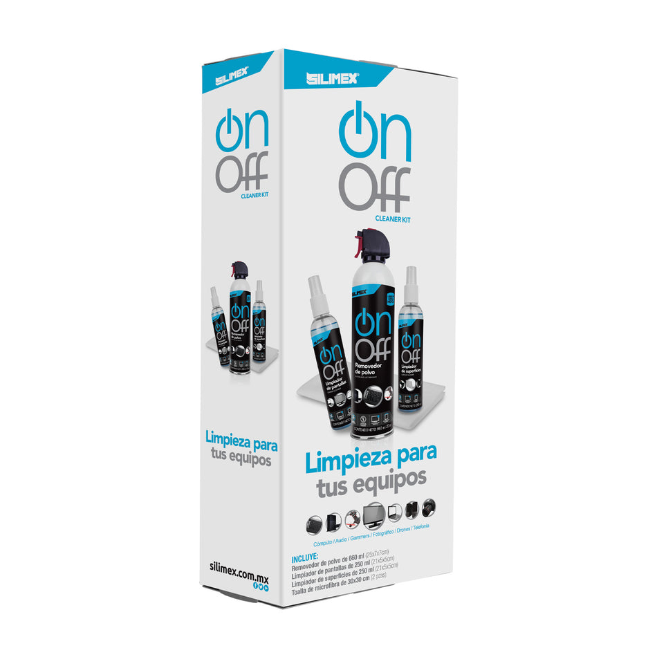 KIT LIMPIEZA ON-OFF SILIMEX, Aire 660ml Locion superficies 250ml, Limpia Pantallas 250ml y 2 Microfibras